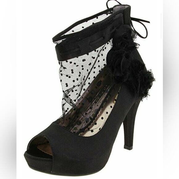 Poetic License London Peep Toe Pumps Heels, Black Mesh Polka Dot & Rose, 41/10 - Picture 1 of 9